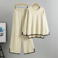 Traje tejido para mujer 2 Conjunto de ropa de mujer de Color sólido de manga larga，Traje de cuello redondo y pantalones sueltos - details 5