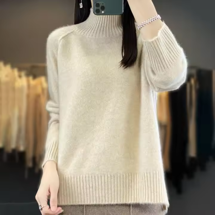2025 Otoño/Invierno cuello alto de punto moda coreana jerséis con abertura lateral sólido suéter de manga larga de las mujeres - 1