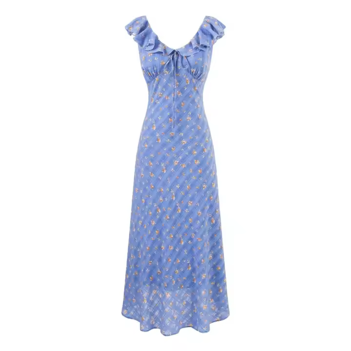 Vestido retro francés con volantes, borde de cordón, correa en la cintura, vestido corto floral, vestido largo de vacaciones, fiesta, falda. - 1