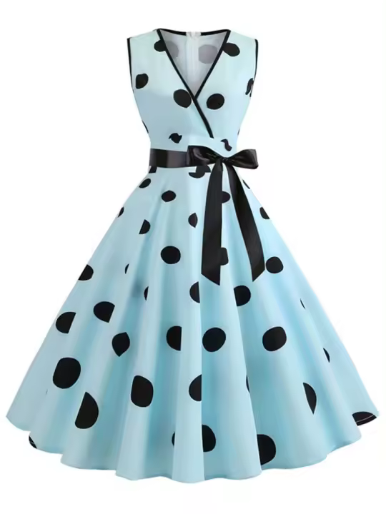 Vestido de fiesta sin mangas con cuello en V vintage de lunares de verano para mujer cinturón elegante - 1