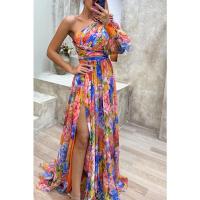 Vestido Largo Casual De Otoño Para Mujer Con Hombros Descubiertos Y Cintura Ajustada Estampado De Fiesta Con Abertura Diagonal Vestido A-Line - details 3