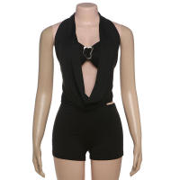 Conjunto corto ajustado de verano, nuevo, a la moda, de color sólido, sin tirantes, con cuello halter y lazo para mujer - details 7