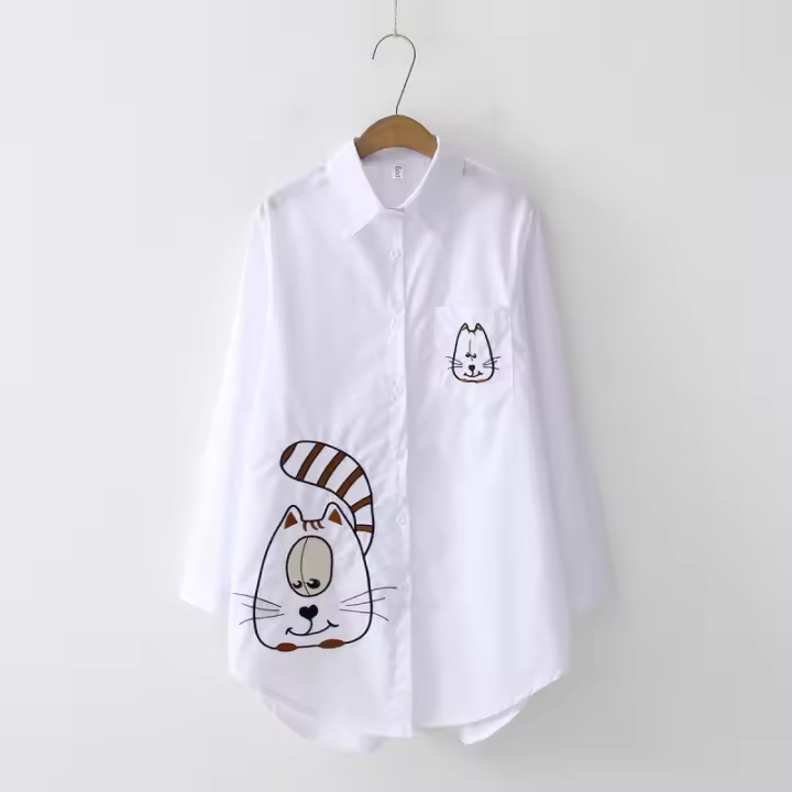 Blusa De Algodón Blanca Casual Para Mujer Cuello En V Botones Larga Manga Bordada Estilo Casual Longa Manga Blouse De Verano - 1