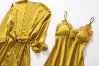 Conjunto de pijama de 5 piezas para mujer, ropa de dormir de satén Ence, suéter con cuello en V, albornoz de primavera - details 12