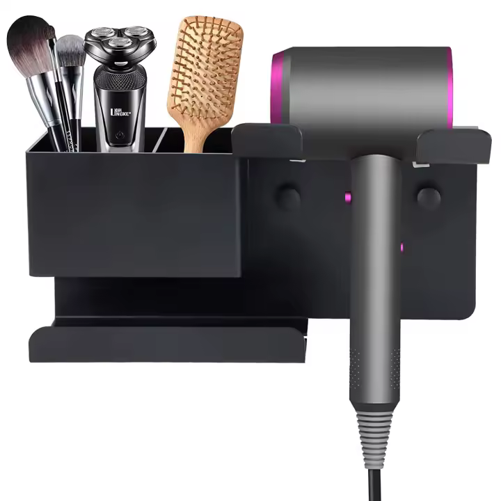 Soporte para secador de pelo con cajas de almacenamiento, colgador de pared de aleación de aluminio, multifunción con gancho para enchufe - 1