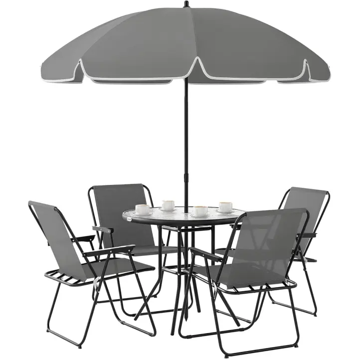 Conjunto de mesa y sillas de jardín de 6 piezas, muebles de jardín exterior con 4 sillas plegables, mesa de vidrio y sombrilla para terraza/patio, color gris. - 1