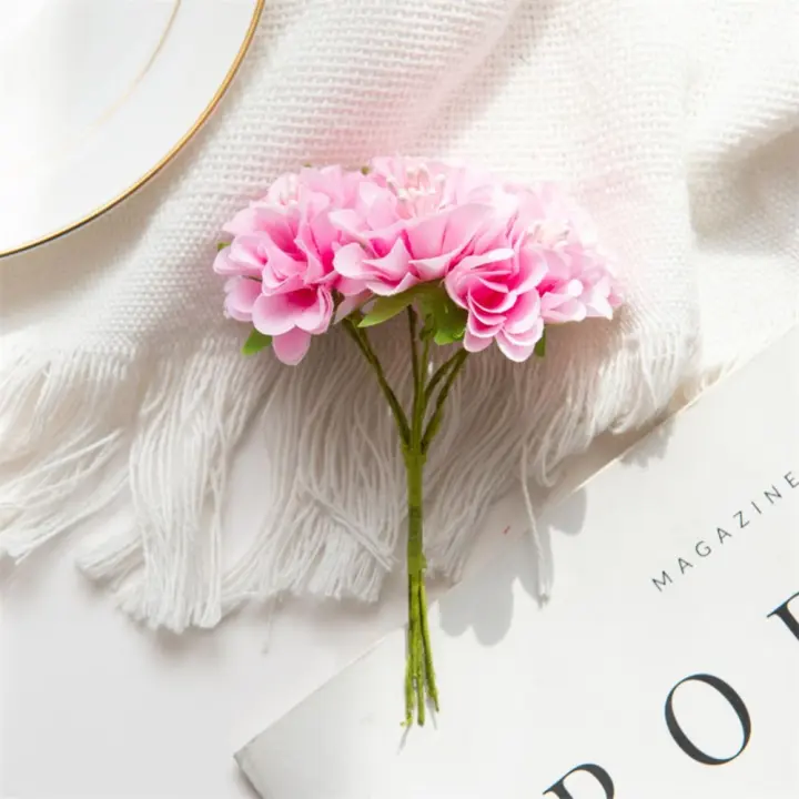 Mini ramo de claveles artificiales, ramo de hortensias de seda hecho a mano, realista, 6 cabezas, plantas falsas, decoración del Día de la madre - 1