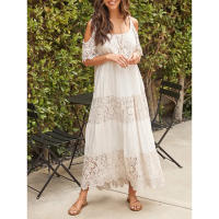 2025 nueva correa de mujer vendedora caliente, empalme de malla de algodón, encaje, vestido largo de Beach Resort - details 1