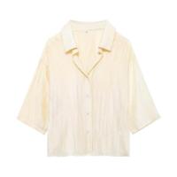 BUNO-Conjunto de camisa y pantalones de Jacquard para mujer, traje informal de media manga con solapa y botones, pantalones de pierna ancha, ropa de calle de verano - details 9