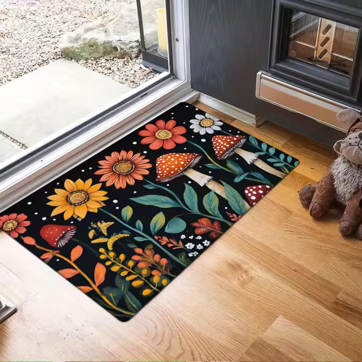 Alfombra de Flanela Multicolor Patrón Floral y Hongo 40*60cm Ideal para Cocina, Entrada, Sala de Estar - 1