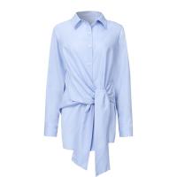 Camisa Blanca Slim Para Mujer Moda Tops Oficina Blusa Larga Manga Suéter Ruched Cuello En V Tacón Casual Polyester - details 7