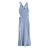 TRAFZA-vestido Retro con cuello en V para mujer, vestido de noche de fiesta azul con cremallera, textura de satén de seda, decoración hueca, espalda cruzada, Verano - details 1