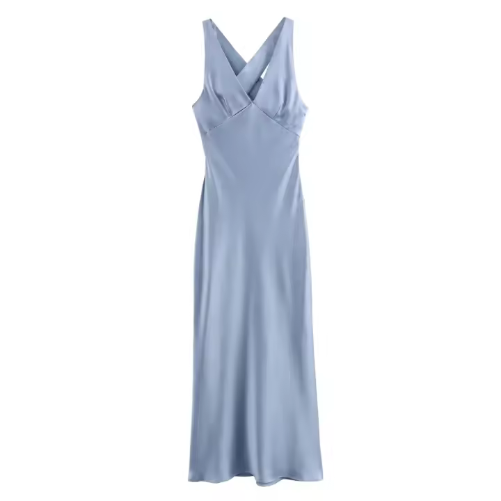 TRAFZA-vestido Retro con cuello en V para mujer, vestido de noche de fiesta azul con cremallera, textura de satén de seda, decoración hueca, espalda cruzada, Verano - 1