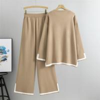 Traje tejido para mujer 2 Conjunto de ropa de mujer de Color sólido de manga larga，Traje de cuello redondo y pantalones sueltos - details 2