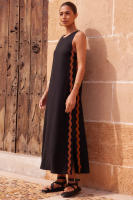 2025 Primavera/Novedad de verano moda Casual sin mangas cuello redondo Color sólido empalme encaje Split vestido de longitud media para mujeres - details 4