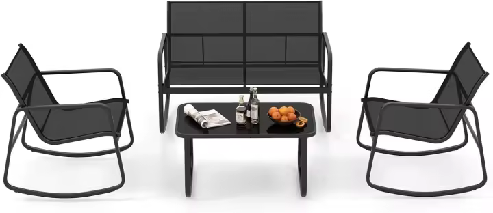 Muebles Jardin Exterior 4 Piezas, 2 Mecedoras y Sofá de 2 Plazas con Mesa con Tapa de Cristal, Mesa y Sillas Terraza, Conjunto Jardin Exterior Balcon (Negro) - 1
