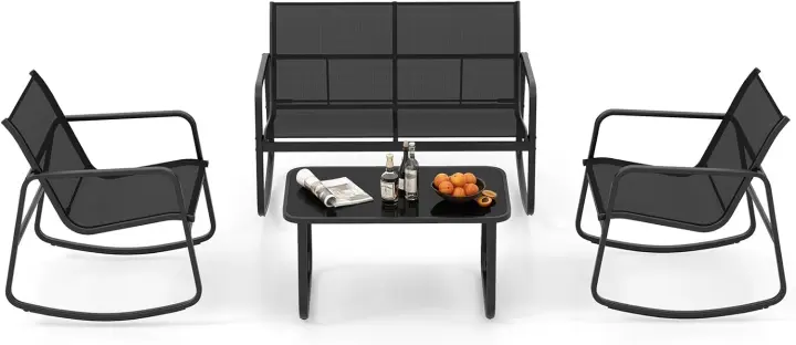 Muebles Jardin Exterior 4 Piezas, 2 Mecedoras y Sofá de 2 Plazas con Mesa con Tapa de Cristal, Mesa y Sillas Terraza, Conjunto Jardin Exterior Balcon (Negro) - 1