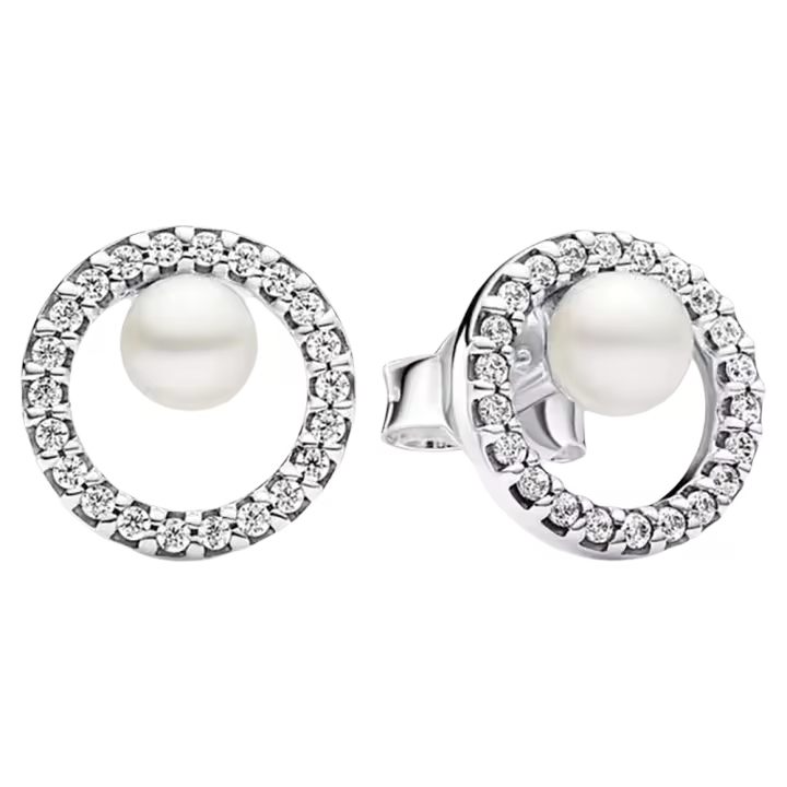 Pendientes tipo botón de plata de ley con halo brillante y perlas293154C01, incluye Ca original - 1
