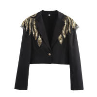 OUWU- Chaqueta Negra Con Cuentas Y Lentejuelas Exquisita De Lujo A La Moda Para Primavera, Chaqueta De Trabajo Para Oficina Para Mujer, Abrigo Con Un Botón - details 1
