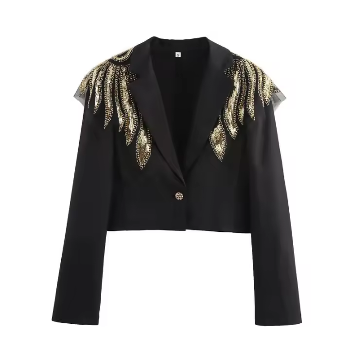 OUWU- Chaqueta Negra Con Cuentas Y Lentejuelas Exquisita De Lujo A La Moda Para Primavera, Chaqueta De Trabajo Para Oficina Para Mujer, Abrigo Con Un Botón - 1