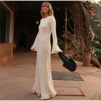 Maxivestido de punto con dobladillo y volantes para mujer, traje elegante acampanada de manga larga con cuello redondo y espalda - details 12