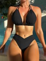 Bikini Sexy de color puro, traje de baño de 2 piezas con lazo en el cuello, en forma de V, novedad de 2024 - details 1