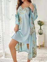 Conjunto de traje casual floral de satén de seda, bata con cinturilla, pijama, conjunto de ropa de dormir de dos piezas para todas las estaciones - details 27