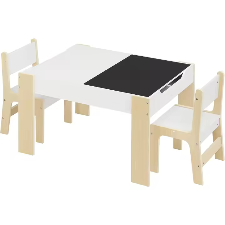 Mesa Infantil con Cajones de Almacenamiento, Mesa Infantil con 2 Sillas de Madera Pizarra para Sala de Juegos Habitación de Niños, 81,5 x 60,5 x 48 cm, Blanco y Natural - 1