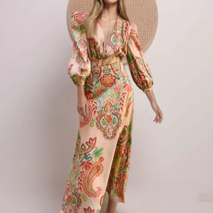 2025 primavera nueva ropa de mujer estilo europeo y americano cuello en V cintura de manga larga diseño delgado vestido en forma de A mujeres - 1