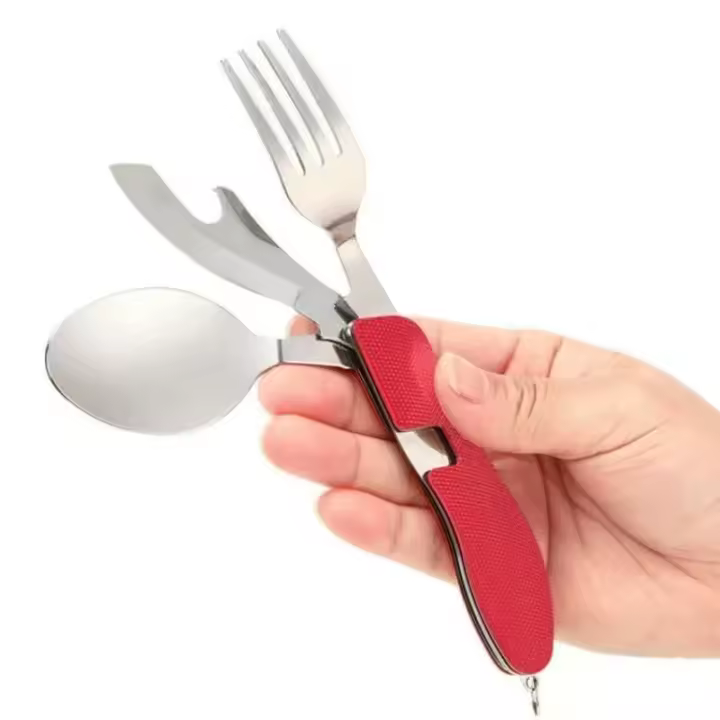 Cuchara 4 en 1 de acero inoxidable, cuchara, cuchillo, tenedor, abridor de botellas, juego de bolsillo plegable, juego de villa al aire libre - 1