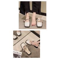 Francés grueso tacón bolsa cabeza zapatillas mujer verano desgaste 2025 nuevo tacón medio cabeza cuadrada media arrastre con falda perezoso muller zapatos - details 9