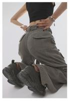 Pantalones vaqueros de pierna ancha holgados grises, ropa de calle de cintura alta, pantalones Cargo para mujer, pantalones Hippie para correr, ropa - details 2