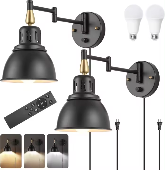 Luces de pared con brazo oscilante regulables con cable enchufable, aplique de pared industrial ligero montado en la pared - 1