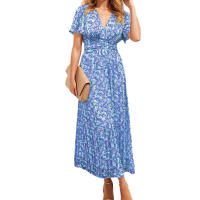 Vestido Elegante con Estampado Pastoral y Cuello en V para Mujer, Estilo Nuevo 2025, Ajustado a la Cintura - details 14