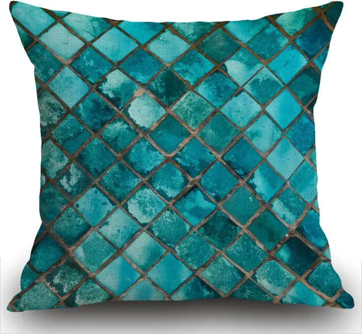 Funda de Almohada de Lino Cuadrada con Impresión de Doble Cara Azul Turquesa - 1
