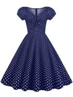 Elegant vintage dot print women summer puff short sleeve v neck casual a-line midi party dress - details 5