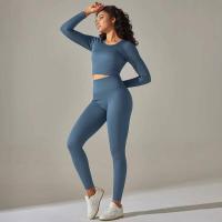 Conjunto de yoga sin costuras para mujer, top corto de manga larga, sujetador deportivo, leggings para correr de cintura alta, ropa de gimnasio - details 32