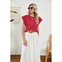 BUNO-2025 Tops para mujer, pantalón corto informal de moda de verano, camisetas básicas con textura a rayas de Color sólido y cuello redondo - details 31