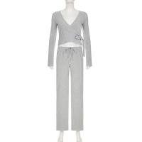 Conjunto de 2 piezas de pantalón superior para mujer, Top elegante con cuello en V y manga larga, pantalones con cintura elástica con cordones, trajes para mujer 2025 - details 0