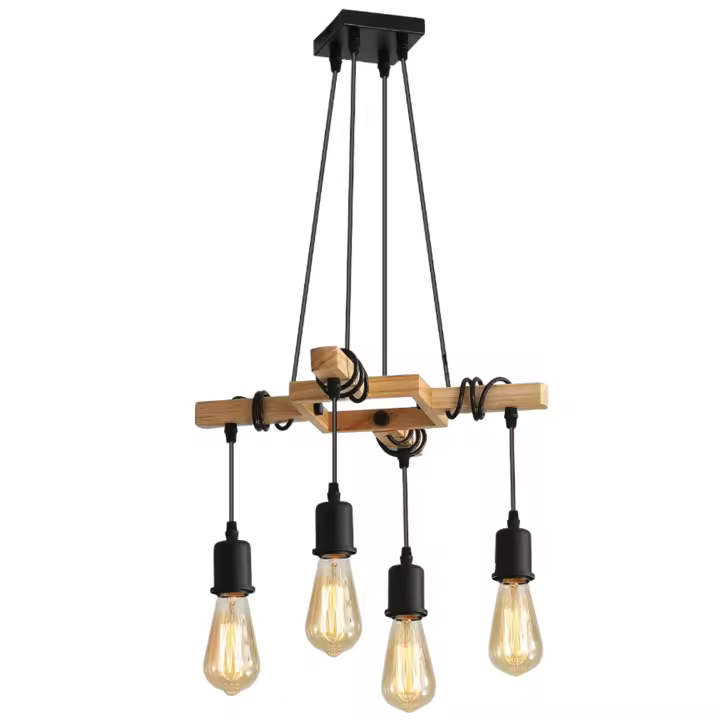 Lámpara Colgante Madera GOECO, Negro, E27 Sin Bombilla, 4 Cabezales, Iluminación Interior para Sala de estar, Dormitorio, Comedor, 41,5*41,5*115  CM - 1