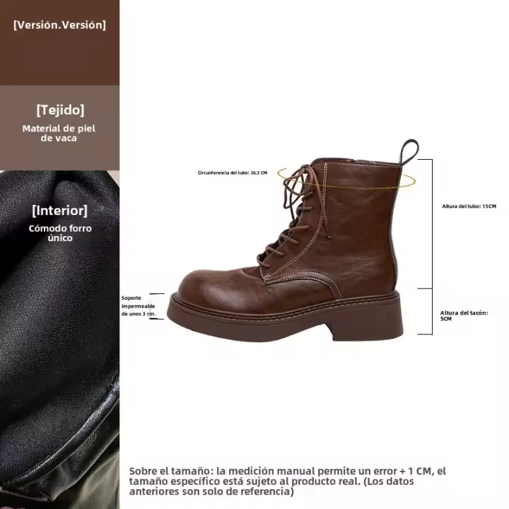 Botas cortas británicas retro con cordones que aumentan la altura interior pequeña de piel de vaca botas de caballero para mujer. - 1