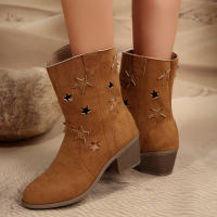 Botas nuevas de otoño e invierno para mujer, tacón grueso puntiagudo hueco en forma de estrella, retro - details 3