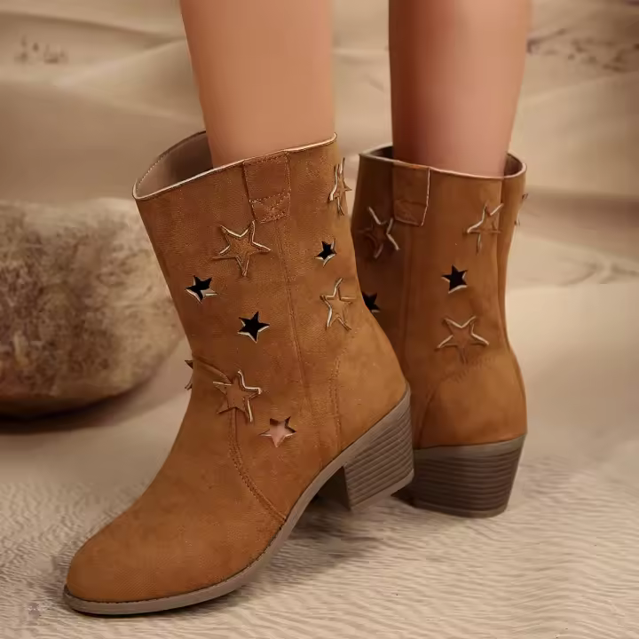 Botas nuevas de otoño e invierno para mujer, tacón grueso puntiagudo hueco en forma de estrella, retro - 1