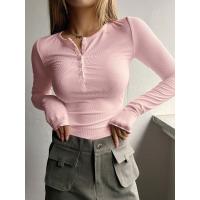 Camisetas de manga larga para mujer, Tops de punto informales, ropa de calle de moda Y2K, camiseta de Color sólido con botones, Tops acanalados - details 5