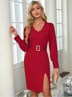 Vestido Ajustado Corset de Midi Línea A Cuello en V Manga Larga Diseño Curvy - details 10
