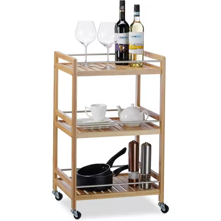 Carrito de Cocina, Carro Servicio, Bambú, Acero y Tablero DM, 80,5 x 51 x 30cm, Blanco - 1