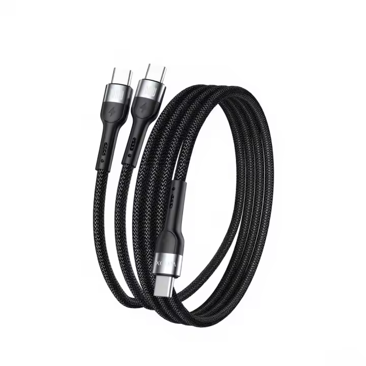 Cable de datos 2 en 1 TYEP C A TYEP C1+ TYEP C2 Cable, carga rápida y transferencia de datos de 100W 5A, USB-C trenzado de poliéster de 48 hilos de 1,5 m, compatibilidad, negro - 1