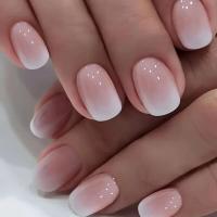 24 piezas de uñas postizas simples con punta cuadrada y pegamento de gelatina, degradado rosa y blanco, publicadas por French Fake Nail Publishing - details 1