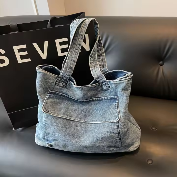 Bolso Todot de mezclilla de gran capacidad con degradado, azul, con cierre de cremallera, sin pintura en los bordes, no se lava - 1