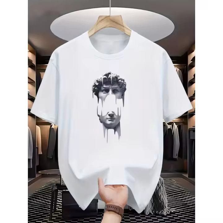 Camiseta Casual de Cuello Redondo para Hombres Impresión de Estatua de Piedra Artística - 1